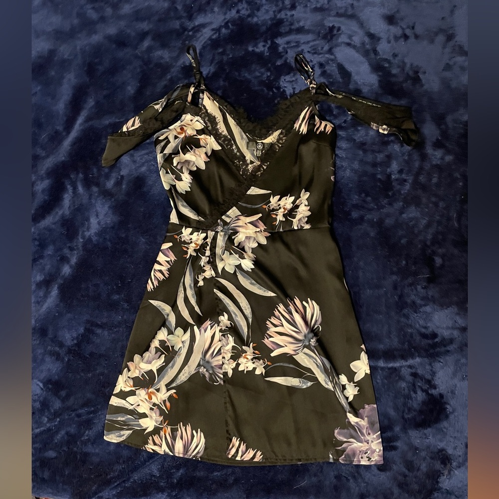 4 Misguided Black floral Satin & Lace wrap dress with draped straps